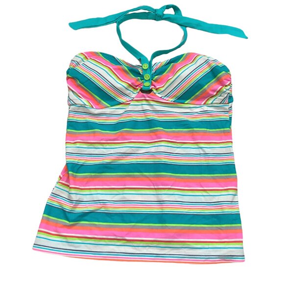 NEW SO Women's Swim Tankini Top Swimsuit Sz M Teal Pink Striped Halter - Picture 1 of 5